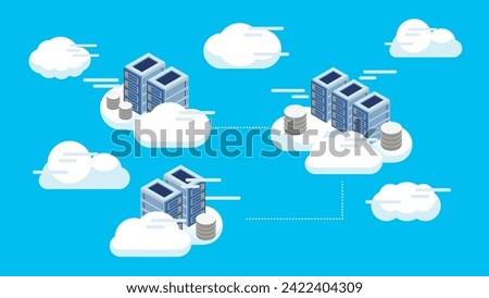 Cloud server and storage isometric vector illustration. Cloud Data Center Infrastructure for database server, file server and web server. Online computing technology. Vector.