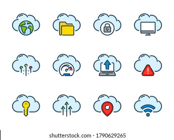 Cloud Server And Storage Vector Color Line Icon Set. Cloud Hosting And Computing Colorful Outline Icons. Cloud Network Icon Collection.