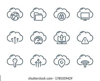 Cloud Server And Storage Vector Line Icon Set. Cloud Hosting And Computing Outline Icons. Cloud Network Icon Collection.