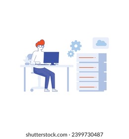 Cloud server technology. Cloud computing technology, online digital information storage. Data center with server racks, cloud, file folder, document connected with laptop  desktop