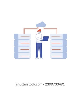 Cloud server technology. Cloud computing technology, online digital information storage. Data center with server racks, cloud, file folder, document connected with laptop  desktop
