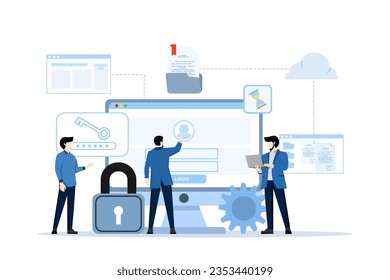 cloud server technology concept, storage backup system and business document management service with administrator and developer team work, storage backup, cloud server service, document management.