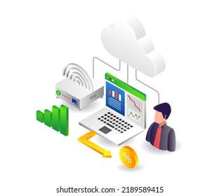 Cloud Server Tethering Wifi For Network Connection In Flat Isometric Illustration