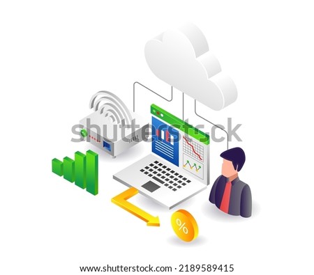 Cloud server tethering wifi for network connection in flat isometric illustration