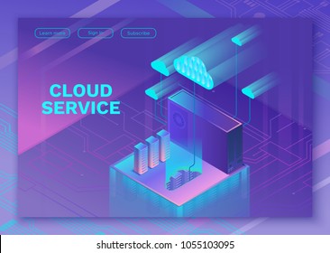 Servicio en la nube 3d ilustración infográfica isométrica con el hombre, diseño de página de inicio, plantilla web vectorial, concepto de tecnología moderna e inteligente