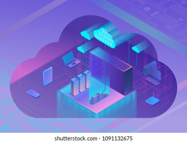 Cloud service 3d isometric infographic illustration, landing page layout, vector web template, smart modern technolodgy concept, ultra violet colors