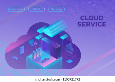 Cloud service 3d isometric infographic illustration, landing page layout, vector web template, smart modern technolodgy concept, ultra violet colors