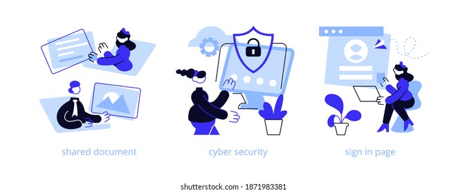 Cloud service access abstract concept vector illustration set. Shared document, cyber security, sign in page, public folder access, editing online, data protection, user login abstract metaphor.