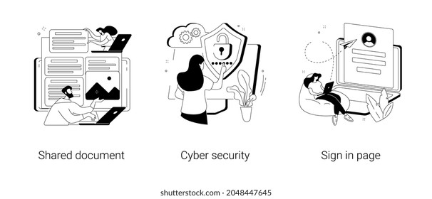 Cloud service access abstract concept vector illustration set. Shared document, cyber security, sign in page, public folder access, editing online, data protection, user login abstract metaphor.