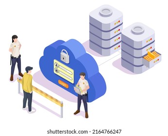 Cloud service access control service vector. Guard man checking user before working with storage server data center isometric 3d design. Protection password code virtual security