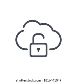 Cloud Service Access Line Icon. Open Lock With Cloud Vector Outline Sign.