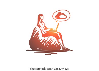 Cloud, service, business, laptop, woman concept. Hand drawn woman with laptop use cloud technology concept sketch. Isolated vector illustration.