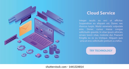 Cloud service concept banner. Isometric illustration of cloud service vector concept banner for web design
