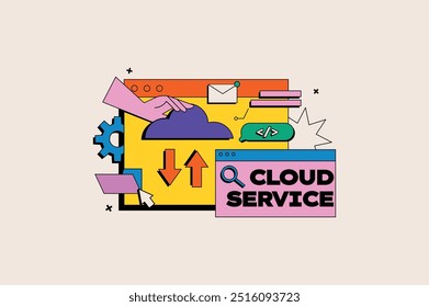 Cloud service concept in the flat cartoon style. Abstract representation of cloud services with a hand holding a cloud, arrows, gears and coding icons. Vector illustration.