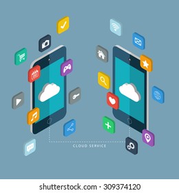 Cloud service concept. Mobile phones with apps icons. Isometric vector illustration.