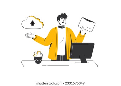 Cloud service concept with people scene in the flat cartoon style. The employee checks the data stored in the cloud storage. Vector illustration.