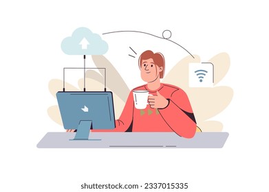 Concepto de servicio en la nube con la escena de la gente en el estilo de dibujos animados planos. El especialista de Office trabaja con archivos en almacenamiento en la nube. Ilustración vectorial.