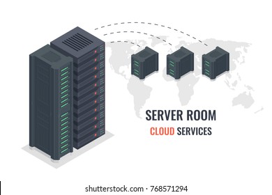 Cloud service concept, remote server data transmission scheme vector isometric, data center, server room on world map background isolated on white