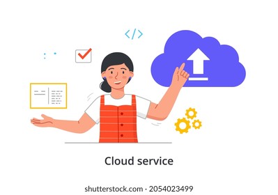 Cloud service concept. Woman downloads files for work from shared database. Entrepreneur uses modern technologies to transmit information. Cartoon flat vector illustration isolated on white background