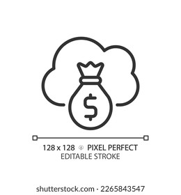 Icono lineal perfecto para el costo del servicio de nube. Gastos de uso de servidores virtuales. Pagos regulares en línea. Ilustración de línea delgada. Símbolo de contorno. Dibujo del contorno del vector. Trazo editable