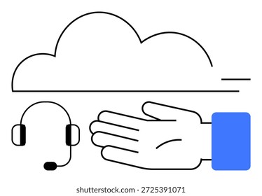 Cloud-Service, Kundensupport, digitale Kommunikation, Remote-Verbindung, Unternehmenstechnologie, Unterstützung. Eine Wolke, ein Headset und eine Hand. Konzepte für Cloud-Service und Kundensupport