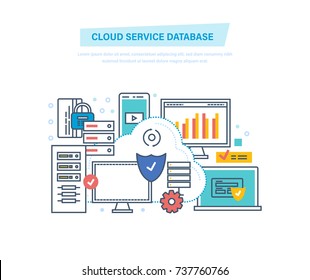 Cloud service database. Computing, network. Data storage device, media server, database security, backups, archives, file storage hosting, media. Illustration thin line design of vector doodles.