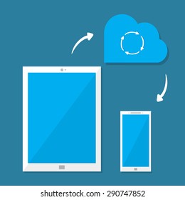Cloud service and digital device ( smartphone, tablet) in flat style. Concept  synchronize  technology. Vector illustration.