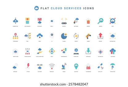 Cloud service for efficient work, games and computing, connection for data exchange and unload, update and distribution color icon set. Information allocation flat elements vector illustration