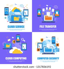 Cloud Service. File Transfer.Cloud Computing. Computer Security. Flat Banner Set color Background. Vector Illustration Cloud Service System on Background  Round Planet. Document flow.