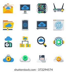 Cloud service flat color icons set of router smartphone laptop hub diskette sim card isolated vector illustration 