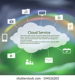 Cloud service flat icons pack over a blurred mountain rainbow background vector illustration