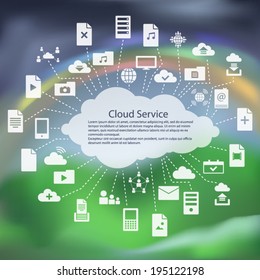 Cloud service flat icons pack over a blurred mountain rainbow background vector illustration
