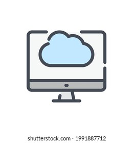 Icono de línea de color de alojamiento y servicio en la nube. Computadora con nube en el monitor contorno de vector signo colorido.