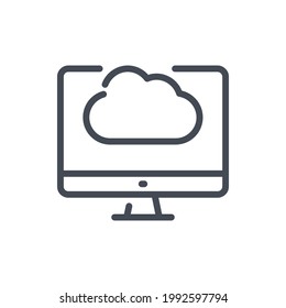 Cloud service and hosting line icon. Computer with cloud on monitor vector outline sign.