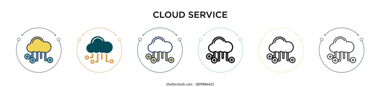 Icono de servicio de nube con estilo relleno, delgado, contorno y trazo. Ilustración vectorial de dos iconos vectoriales de servicio en la nube en color y negro se pueden utilizar para móviles, ui, web