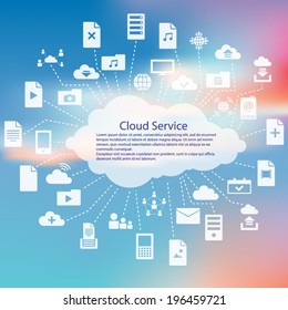 Cloud service icon pack over a blurred sunset cloud background vector illustration