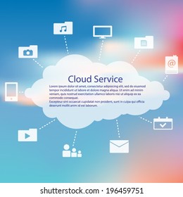 Cloud service icon pack over a blurred sunset cloud background vector illustration
