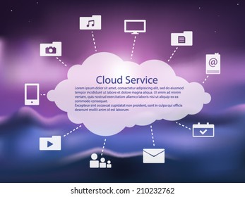 Cloud service icon pack over blurred mountain landscape vector illustration
