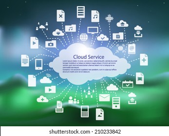 Cloud service icon pack over blurred mountain landscape vector illustration