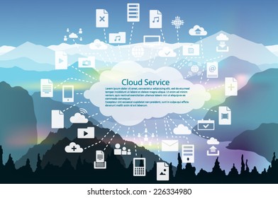Cloud service icon pack over mountain landscape background vector illustration