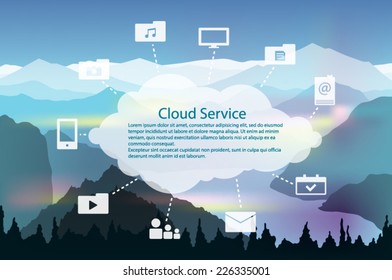 Cloud service icon pack over mountain landscape background vector illustration