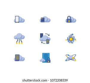 Cloud service icons set. Artificial intelligence and cloud service icons with image storage, file storage and secure account. Set of chip for web app logo UI design.