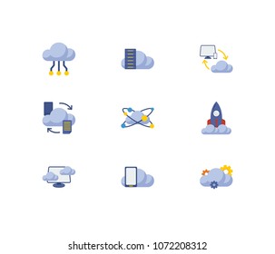 Cloud service icons set. Big data and cloud service icons with cloud application, cloud technology and startup. Set of display for web app logo UI design.