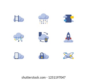 Cloud service icons set. Cloud connection and cloud service icons with cloud code, video storage and startup. Set of binary for web app logo UI design.