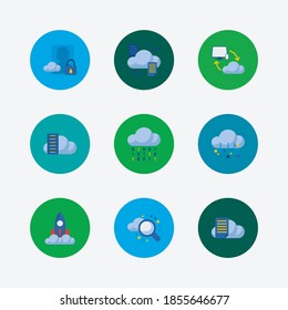 Conjunto de iconos de servicio en la nube. Iconos de conexión en la nube y servicio en la nube con cuenta segura, inicio y transferencia de datos. Conjunto de binarios para el diseño de interfaz de usuario del logotipo de la aplicación web.