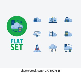 Cloud service icons set. Data transfer and cloud service icons with machine learning, file storage and cloud security. Set of binary for web app logo UI design.