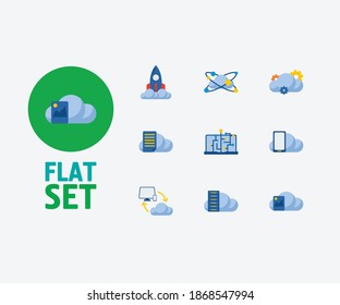 Cloud service icons set. Image storage and cloud service icons with big data, machine learning and file storage. Set of cellphone for web app logo UI design.