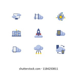 Cloud service icons set. Machine learning and cloud service icons with file storage, cloud application and artificial intelligence. Set of development for web app logo UI design.