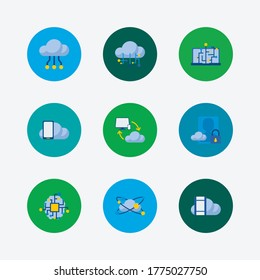 Cloud-Service-Symbole gesetzt. Symbole für maschinelles Lernen und Cloud-Dienste mit Videospeicher, künstlicher Intelligenz und gesichertem Account. Set von Handy für Web App Logo UI Design.