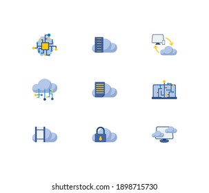 Cloud Service Icons Set. Machine Learning And Cloud Service Icons With Cloud Security, Cloud Connection And Virtual Machine. Set Of Development For Web App Logo UI Design.